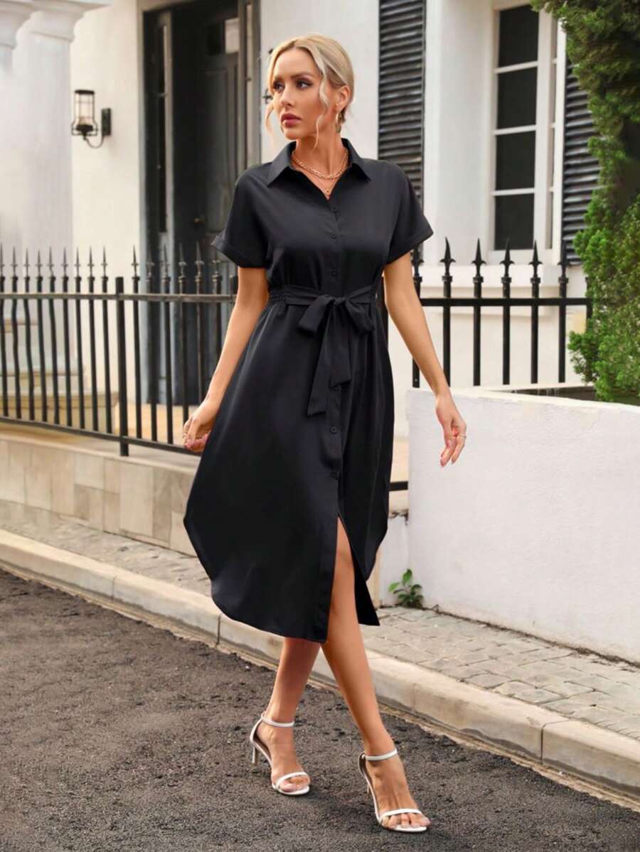 素色腰帶襯衫洋裝