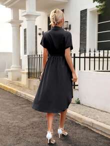 素色腰帶襯衫洋裝