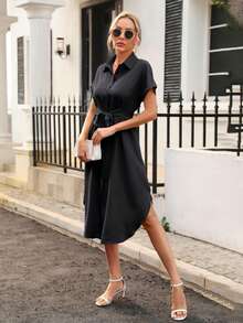 素色腰帶襯衫洋裝