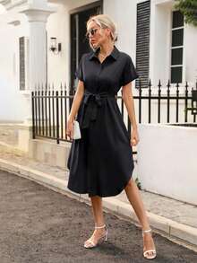 素色腰帶襯衫洋裝