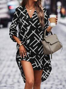 EMERY ROSE 滿版印花捲邊袖高低下擺連衣裙 - 黑與白 - 查看 3