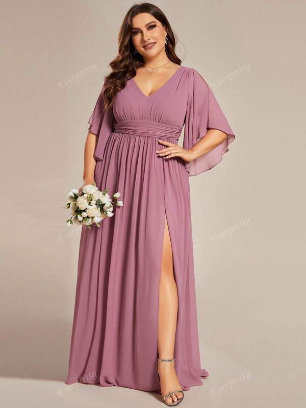 EVER-PRETTY Plus Flounce Sleeve Split Thigh Chiffon Bridesmaid Dress Elegant Dress
