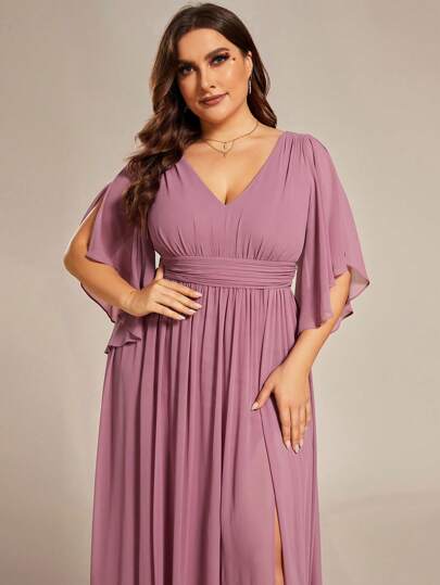EVERPRETTY Elegant Chiffon Ruffle Sleeve Slit Thigh Length Bridesmaid Dress In Pink, Suitable For Autumn Wedding Guest Party Spring