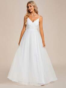 EVERPRETTY Ren tương phản Hai Dây Váy dự tiệc Không có mạng che mặt - trắng - Xem 3