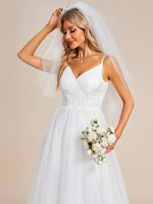EVERPRETTY Ren tương phản Hai Dây Váy dự tiệc Không có mạng che mặt - trắng - Xem 5