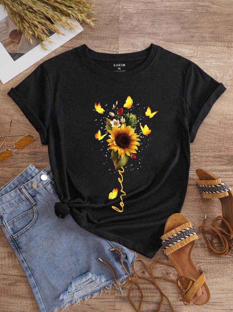 INAWLY Camiseta con estampado de girasoles y mariposas talla grande para verano - Negro - Añade 1