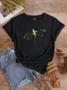 INAWLY Hơn In chuồn chuồn Áo thun - màu đen - Xem 1