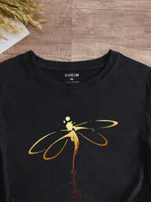 INAWLY Hơn In chuồn chuồn Áo thun - màu đen - Xem 3