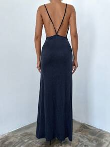 EURMUSE Draped Backless Ruched Split Cami Dress - Navy Blue - View 4