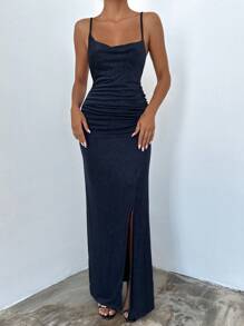 EURMUSE Draped Backless Ruched Split Cami Dress - Navy Blue - View 5
