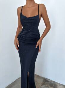 EURMUSE Draped Backless Ruched Split Cami Dress - Navy Blue - View 2