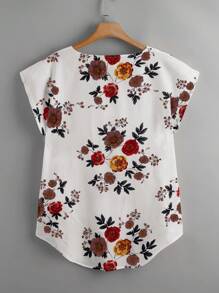 Mulvari Plus Floral Print Dip Hem Blouse - White - View 2