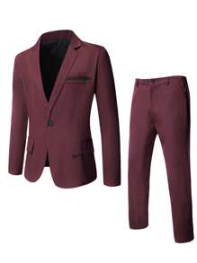 Manfinity Mode 男士單釦西裝外套和西裝褲 - 酒紅色 - 查看 1