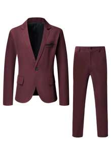 Manfinity Mode 男士單釦西裝外套和西裝褲 - 酒紅色 - 查看 5