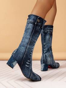 Stivali blu alla moda fino al ginocchio con tacco alto e spesso, polivalenti, per donna - Blu - Visualizzare 3