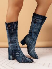 Stivali blu alla moda fino al ginocchio con tacco alto e spesso, polivalenti, per donna - Blu - Visualizzare 5