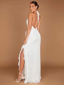 SHEIN Belle Ruffle Trim Split Thigh Backless Halter Neck Backless Wedding Dress - White - View 2