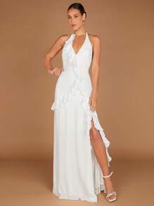 SHEIN Belle Ruffle Trim Split Thigh Backless Halter Neck Backless Wedding Dress - White - View 1