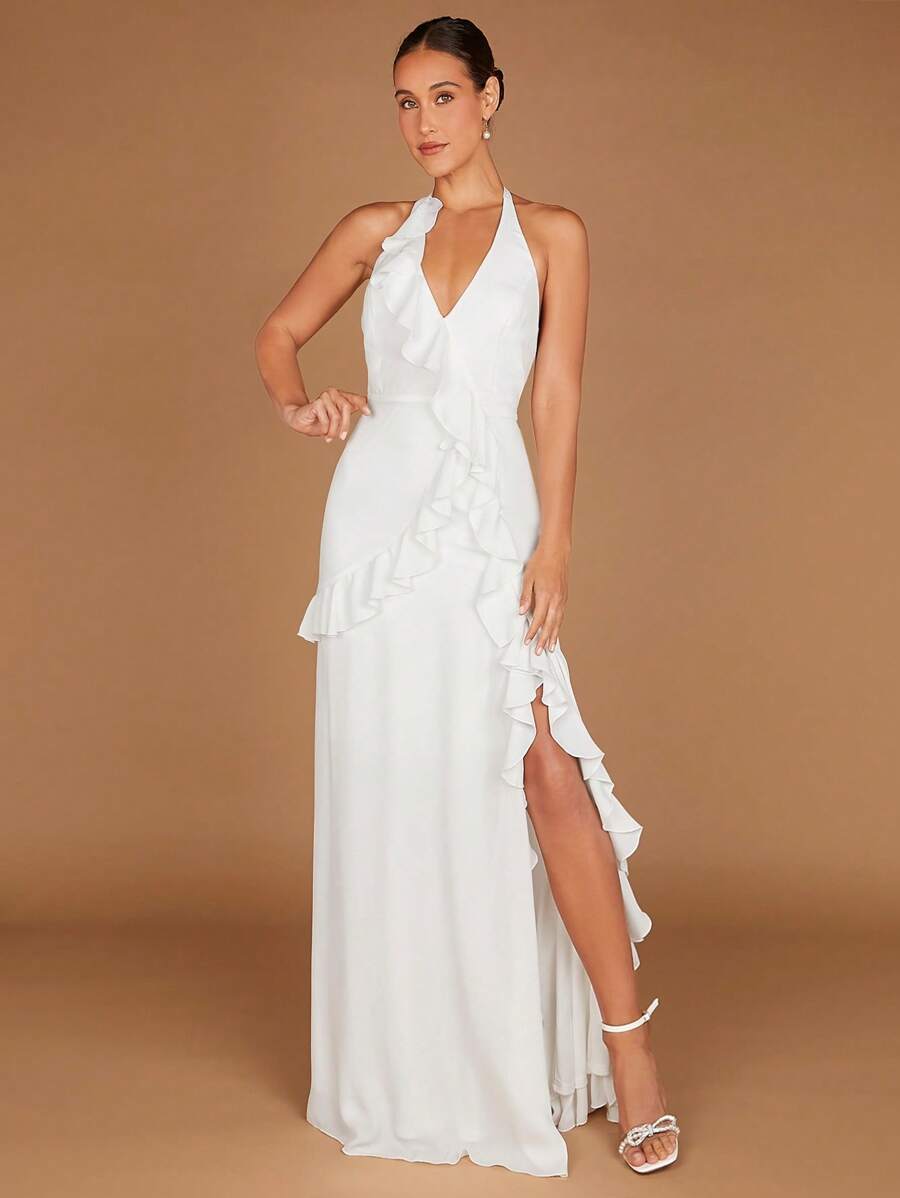 SHEIN Belle Ruffle Trim Split Thigh Backless Halter Neck Backless Wedding Dress - White - View 1