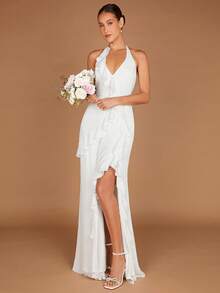 SHEIN Belle Ruffle Trim Split Thigh Backless Halter Neck Backless Wedding Dress - White - View 5