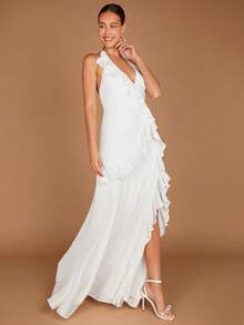 SHEIN Belle Ruffle Trim Split Thigh Backless Halter Neck Backless Wedding Dress - White - View 4