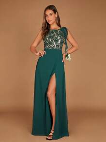 SHEIN Belle Contrast Lace Split Thigh Dress - Dark Green - View 4