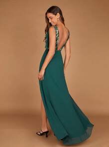 SHEIN Belle Contrast Lace Split Thigh Dress - Dark Green - View 3