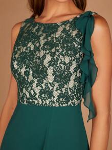 SHEIN Belle Contrast Lace Split Thigh Dress - Dark Green - View 2