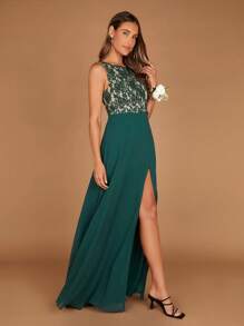 SHEIN Belle Contrast Lace Split Thigh Dress - Dark Green - View 5