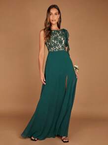 SHEIN Belle Contrast Lace Split Thigh Dress - Dark Green - View 6