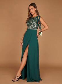 SHEIN Belle Contrast Lace Split Thigh Dress - Dark Green - View 1