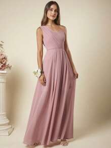 SHEIN Belle 单肩长款雪纺伴娘礼服优雅连衣裙 - 藕粉色 - 查看 4