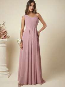 SHEIN Belle 单肩长款雪纺伴娘礼服优雅连衣裙 - 藕粉色 - 查看 3