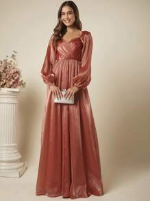 SHEIN Belle 雞心領口燈籠袖超長正式洋裝 - 亮橙色 - 查看 4