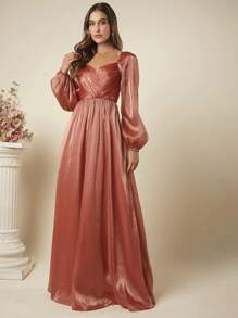 SHEIN Belle 雞心領口燈籠袖超長正式洋裝 - 亮橙色 - 查看 1