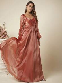 SHEIN Belle 雞心領口燈籠袖超長正式洋裝 - 亮橙色 - 查看 6