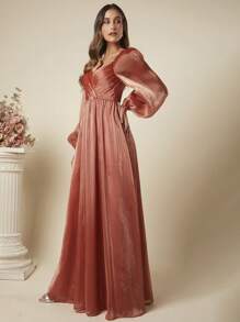 SHEIN Belle 雞心領口燈籠袖超長正式洋裝 - 亮橙色 - 查看 7