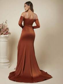 SHEIN Belle Off Shoulder Split Thigh Solid Party Dress - Orange - View 3