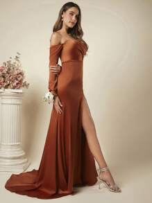 SHEIN Belle Off Shoulder Split Thigh Solid Party Dress - Orange - View 6