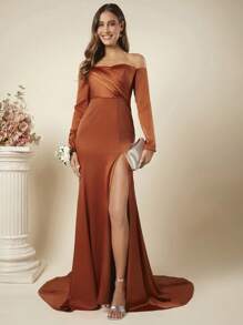 SHEIN Belle Off Shoulder Split Thigh Solid Party Dress - Orange - View 2