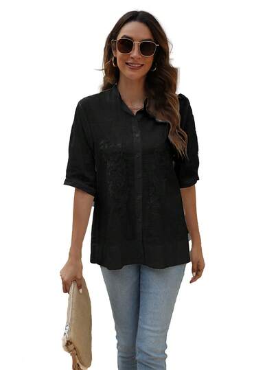 植物刺繡前紐扣襯衫