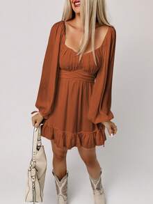 Acelitt 雞心領口燈籠袖荷葉邊洋裝 - 棕色 - 查看 3