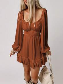 Acelitt 雞心領口燈籠袖荷葉邊洋裝 - 棕色 - 查看 5