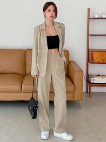 DAZY Solid Lapel Neck Blazer & Trousers - Khaki - View 3