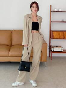 DAZY Solid Lapel Neck Blazer & Trousers - Khaki - View 5