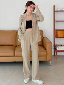 DAZY Solid Lapel Neck Blazer & Trousers - Khaki - View 6