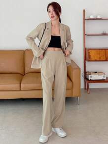 DAZY Solid Lapel Neck Blazer & Trousers - Khaki - View 7