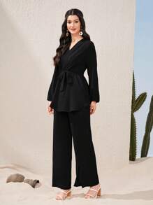 Graceveil Lantern Sleeve Belted Blouse & Split Hem Pants 2 Piece Set Modest Fall Cloth For Women - Black - View 4