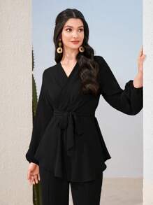 Graceveil Lantern Sleeve Belted Blouse & Split Hem Pants 2 Piece Set Modest Fall Cloth For Women - Black - View 5