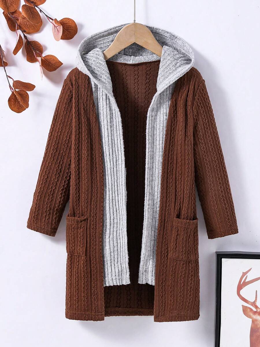 SHEIN Cô Gái Trẻ Hai âm Túi Kép Áo trùm đầu - màu nâu - Xem 1